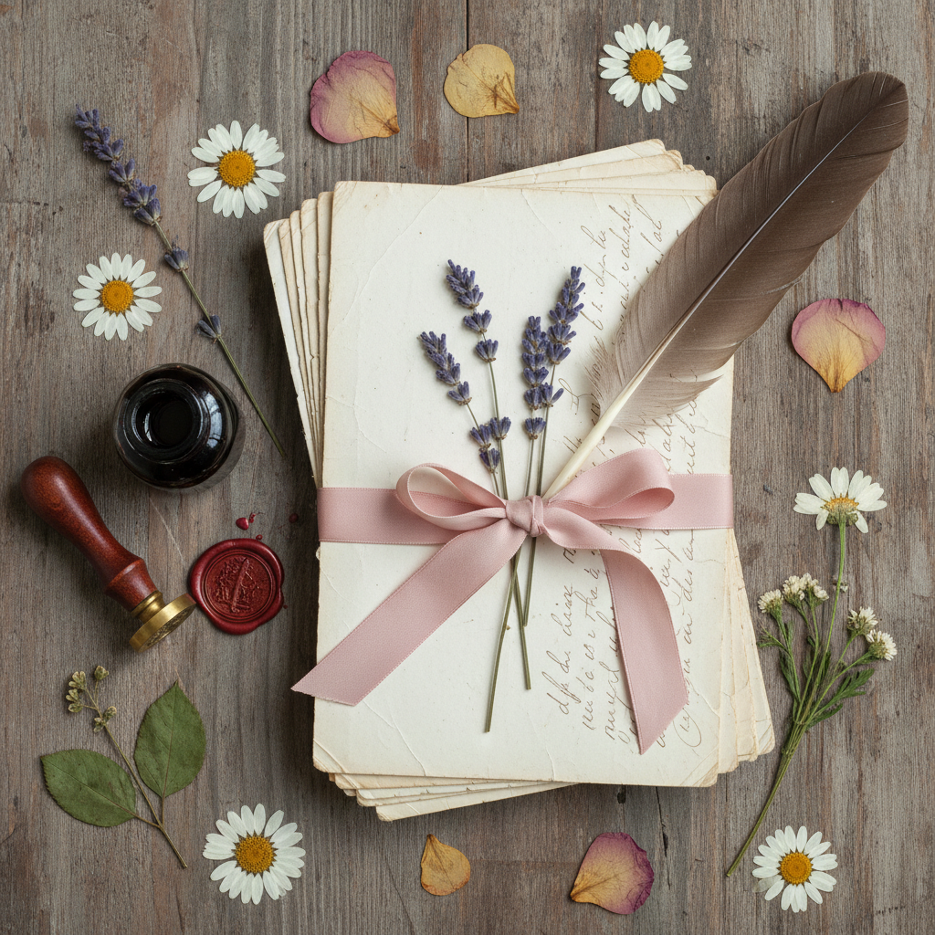 Papéis de carta vintage com flores prensadas e fita