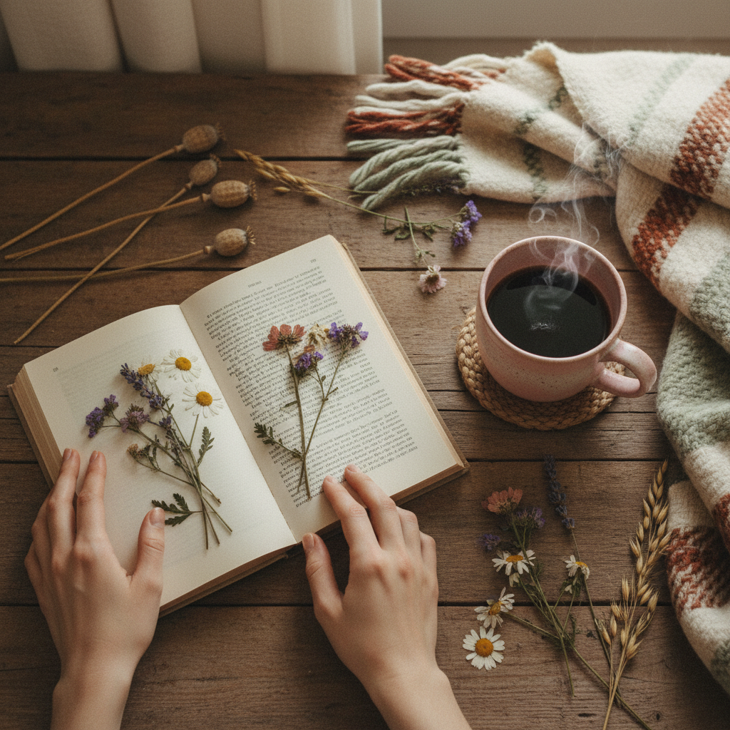 Mensagem personalizada em vídeo — livro aberto com xícara de café e flores do campo