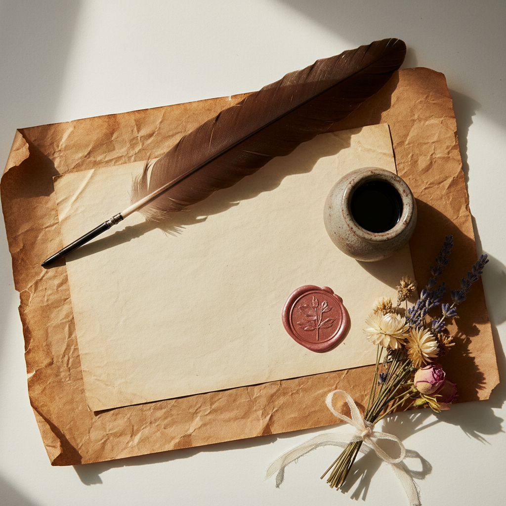 Carta em pergaminho com pena e lacre de cera